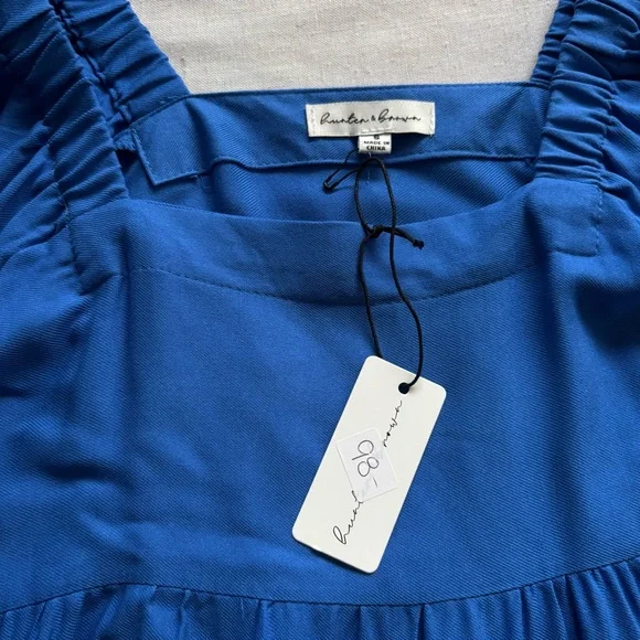 NWT Hunter & Brown Blue Puff Sleeve Mini Dress Small | Rayon Tiered - Picture 2 of 7
